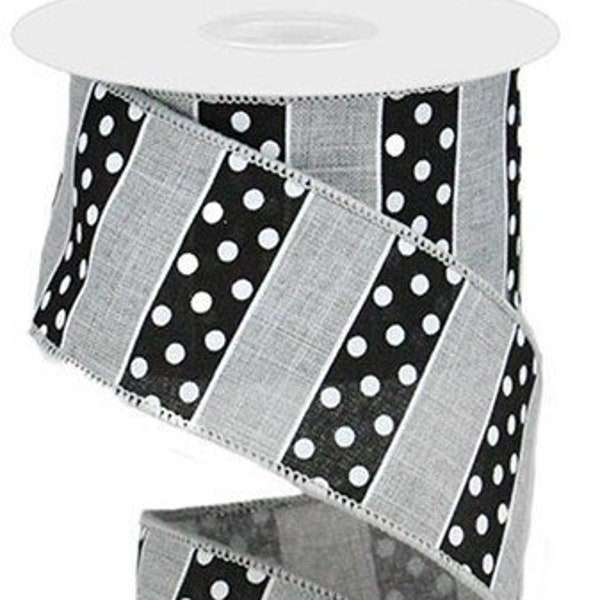 Ships Free Over 35 in US - Polka Dots & Stripes Wired Edge Ribbon, 10 Yards (Light Grey, Black, White, 2.5 Inch) - RG01968FK