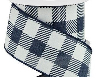 Ships Free Over 35 in US - Large Striped Check Plaid Wired Edge Ribbon, 2.5" x 10 Yards (Navy Blue, White) - RGA141819