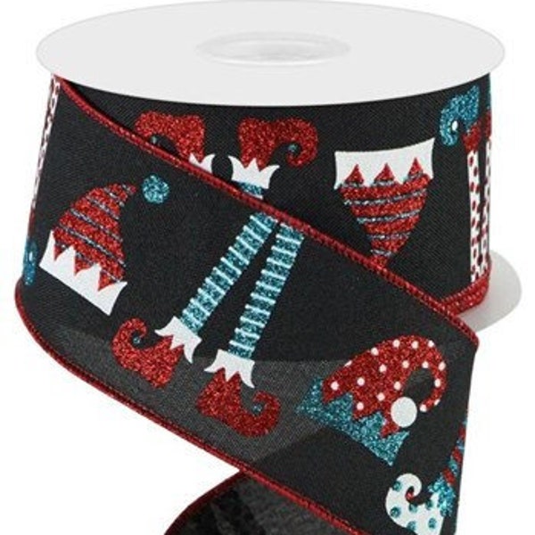 Ships Free Over 35 in US - Christmas Elf Hats & Legs Wired Edge Ribbon, 2.5" x 10 Yards (Black, Red, White, Turquoise) - RG0157102