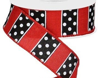 Ships Free Over 35 in US - Polka Dots & Stripes Wired Edge Ribbon, 10 Yards (Red, Black, White, 1.5 Inch) - RG0197024