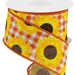 Ships Free Over 35 in US - Sunflowers on Gingham Check Wired Edge Ribbon, 2.5" x 10 Yards (Rust Orange, Yellow, Brown) - RGC171274