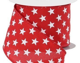 Ships Free Over 35 in US - Patriotic Stars Wired Edge Ribbon, 2.5" x 10 Yards (Red, White) - RGE111524