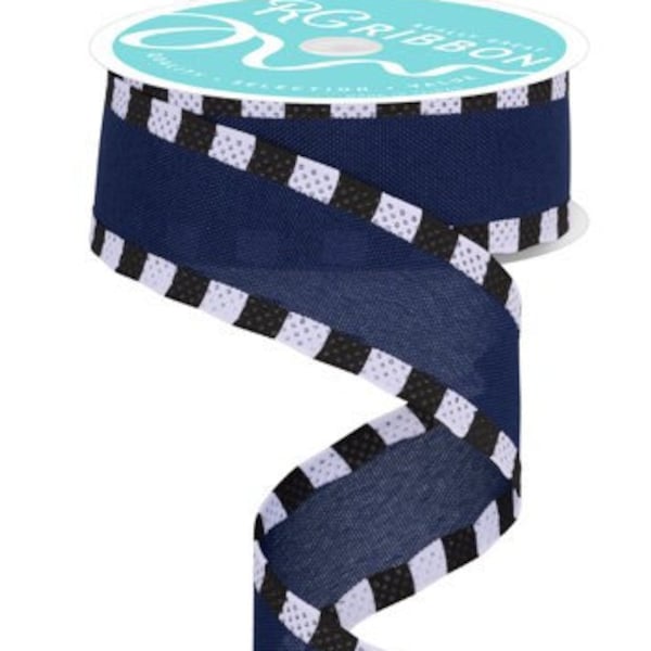 Ships Free Over 35 in US - Solid Faux Burlap Ribbon with Striped Wired Edge, 1.5" x 10 Yards (Navy Blue, Black, White) - RGC813419