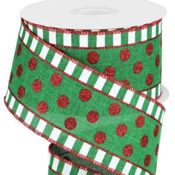 Ships Free Over 35 in US - Christmas Glitter Stripes And Dots Patterned Wired Edge Ribbon, 2.5" x 10 Yards (Emerald, Red, White) - RG0140506