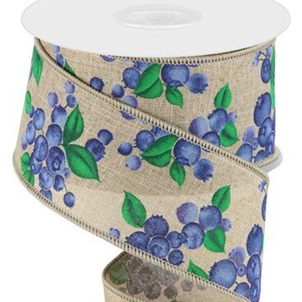 Ships Free Over 35 in US - Spring & Summer Blueberries Wired Edge Ribbon, 2.5" x 10 Yards (Light Beige) - RGC175301