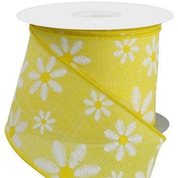 Ships Free Over 35 in US - Embroidered-Look Spring Daisy Wired Edge Ribbon - 2.5" x 10 Yards (Yellow) - RGE119229