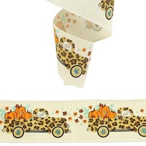 Ships Free Over 35 in US - Vintage Leopard Print Truck with Pumpkins Wired Edge Ribbon, 10 Yards (Cream, 2.5 Inch) - RGC1601C2