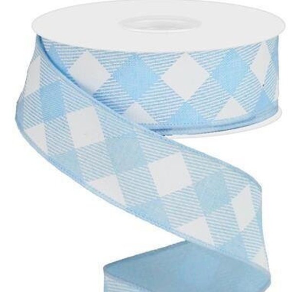 Ships Free Over 35 in US - Diagonal Plaid Check Wired Edge Ribbon, 10 Yards (Pale Blue, White, 1.5 Inch) - RGA126414