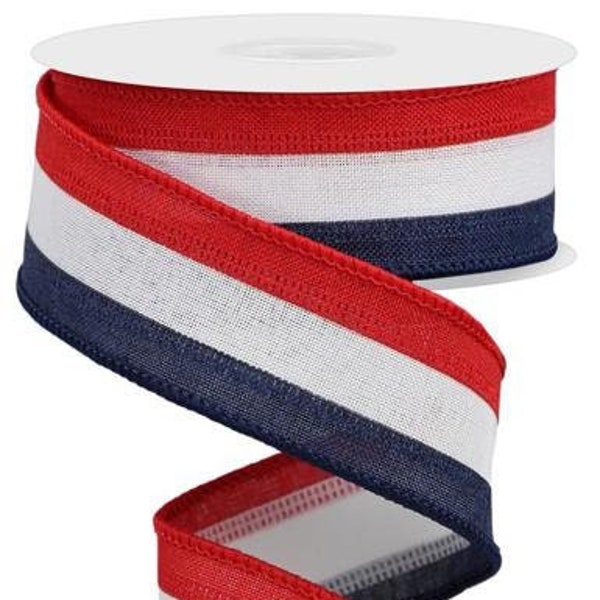 Ships Free Over 35 in US - Patriotic Vertical 3 Stripe Wired Edge Ribbon, 1.5" x 10 Yards (Red, White, Navy Blue) - RG0160132