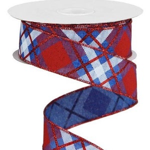 Ships Free Over 35 in US - Patriotic Glitter Plaid Wired Edge Ribbon, 1.5" x 10 Yards (Red, White, Blue) - RGA120125
