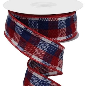 Ships Free Over 35 in US - Patriotic Woven Check Ribbon, 1.5" x 10 Yards (Red, White, Navy Blue) - RGA1924A1