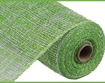 Ships Free Over 35 in US - Two-Tone Poly Burlap Deco Mesh Ribbon - 10" x 10 Yards (Lime Green, White) - RP815543