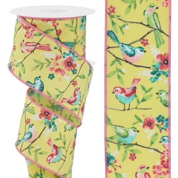 Ships Free Over 35 in US - Spring Birds & Floral Branches Wired Edge Ribbon, 2.5" x 10 Yards (Pale Yellow, Multi) - RGE176029