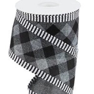 Ships Free Over 35 in US - Diagonal Check with Stripe Border Wired Edge Ribbon, 10 Yards (Grey, White, Black, 2.5 Inch) - RGA8149-G