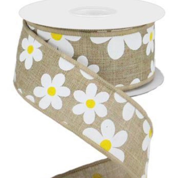 Ships Free Over 35 in US - Daisy Flower Patterned Wired Edge Ribbon, 1.5" x 10 Yards (Light Beige) - RG0193401