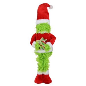 Ships Free Over 35 in US - 23" Furry Standing Elf in Santa Suit with Gift - Wreath Attachment (Lime Green, Red, White) - XC6285