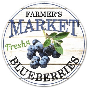 Ships Free Over 35 in US - Farmer's Market Fresh Blueberries Metal Wreath Sign - Wreath Attachment (Blue, Black) - MD0336