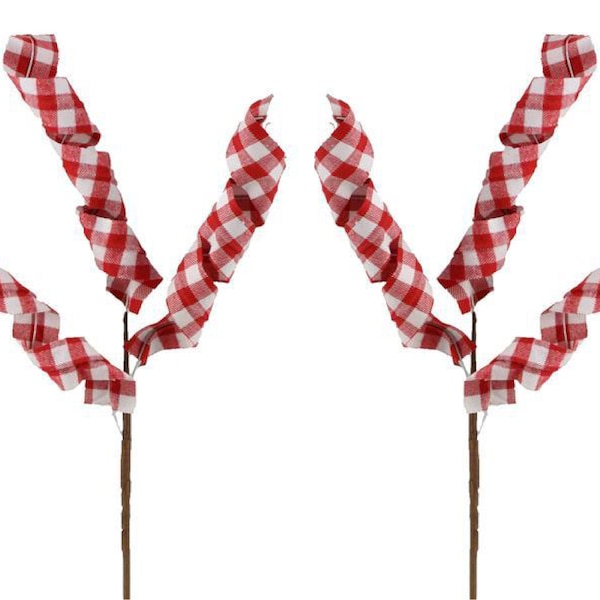 Ships Free Over 35 in US - 15 Inch Swirled Buffalo Check Plaid Ribbon Pick Set of 2 (Red, White) - MN012032