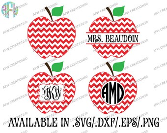 Digital Cut Files, Chevron Monogram & Split Apple, SVG, DXF, EPS, Teacher, School, Appreciation, Preschool, Kindergarten, Silhouette, Cricut