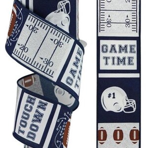 Ships Free Over 35 in US - Football Block Pattern Wired Ribbon - 10 Yards (Navy Blue, Silver, 2.5") - RGC115519