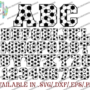 Archivos de corte digital, Letras y números de fútbol, Fútbol, SVG, DXF, EPS, Deportes, Varsity, Vinilo, Silueta, Cricut