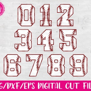 May include: Ten white baseball-themed numbers with red stitching, from 0 to 9, for crafting and design projects.