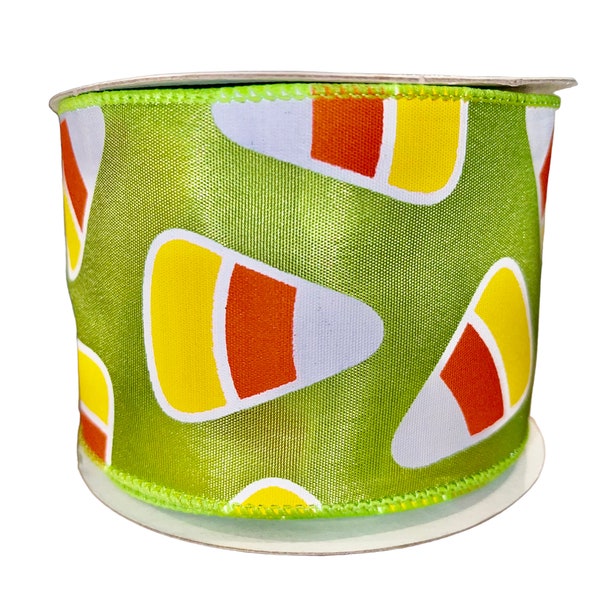 Ships Free Over 35 in US - Halloween Candy Corn Wired Edge Ribbon, 2.5" x 10 Yards (Lime Green, Yellow, Orange, White) - RG0172309