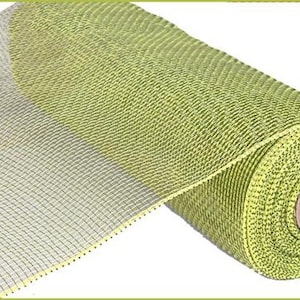May include: A roll of lime green deco mesh with a fine, textured weave. The mesh is rolled up on a cardboard tube.