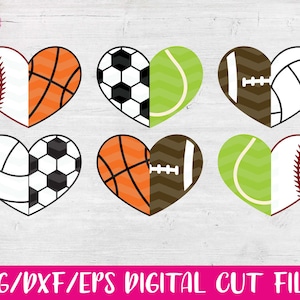 Half Sports Hearts, SVG, DXF, EPS, arquivos cortados, misture para criar coração completo, beisebol, softball, basquete, futebol, futebol americano, vôlei, tênis