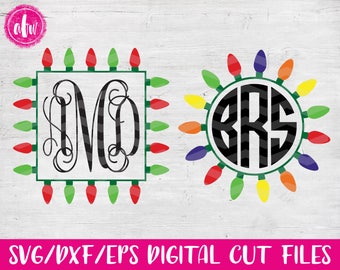 Christmas Lights Monogram Frame Bundle 2, SVG, DXF, EPS, Cut File, Vinyl, Vector, Holiday, Tree, Ornament, Elf, Silhouette, Cricut