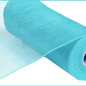 May include: A roll of turquoise deco mesh, partially unrolled, revealing a fine, open weave. The mesh is a vibrant, solid color, ideal for crafting and decorative projects. The roll is on a white background.