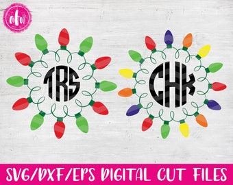 Christmas Lights Monogram Frame Bundle 1, SVG, DXF, EPS, Cut File, Vinyl, Vector, Holiday, Tree, Ornament, Elf, Silhouette, Cricut