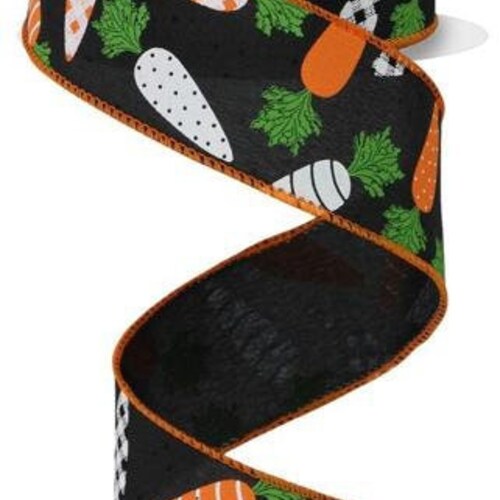 Se envía gratis a más de 35 en EE. UU. - Cinta con borde cableado de zanahorias con estampado de Pascua de primavera, 1.5" x 10 yardas (negro, naranja, verde, blanco) - RGE113002