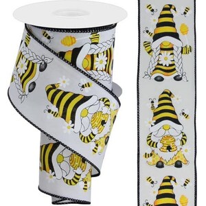 Ships Free Over 35 in US - Bees, Gnomes, & Beehives Wired Edge Ribbon - 2.5" x 10 Yards (White, Black, Yellow) - RGE141827