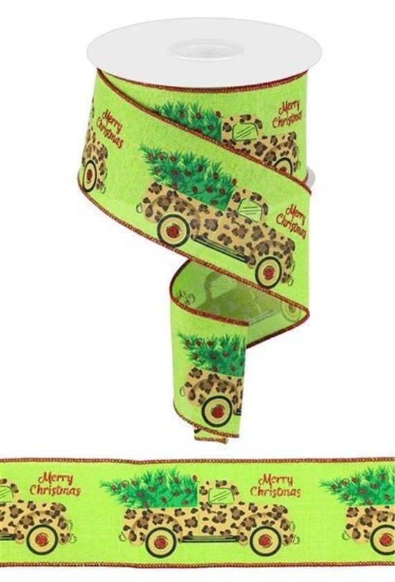 Santa Heads Buffalo Check Ribbon With Wired Edge - 2.5 Inch X 10 Yards Lime Green Christmas Decoration