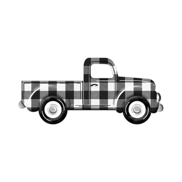 Ships Free Over 35 in US - Checked Antique Truck Embossed Metal Sign - Wreath Attachment (Black, White, Grey) - MD067027