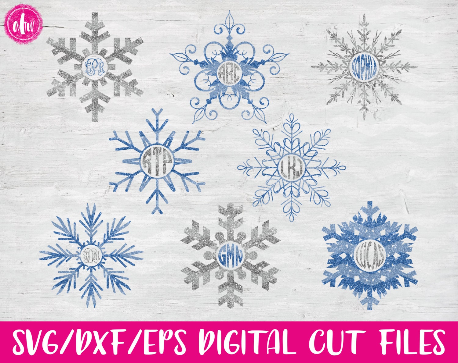 Winter Snowflake Monogram Set 2 SVG DXF EPS Cut Files