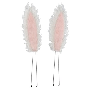 May include: A pair of white bunny ears with pink fur inside. The ears are attached to black metal hair clips.