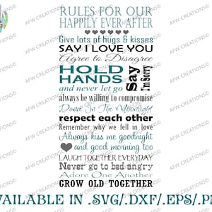 Digital Cut File, Rules for our Happily Ever After, SVG, DXF, EPS, Love, Home, Inspirational, Bridal, Marriage, Wedding, Silhouette, Cricut