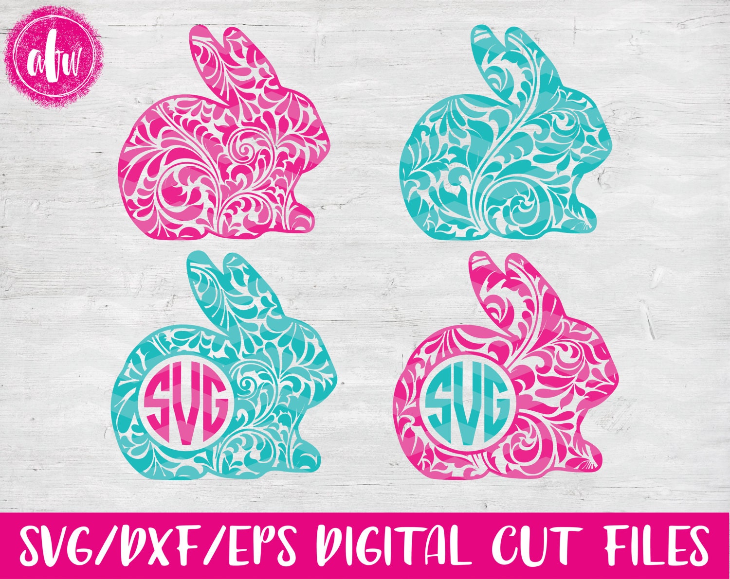 Download Monogram Flourish Easter Bunny SVG DXF EPS Cut File | Etsy