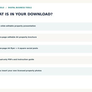 May include: A digital business tool list titled WHAT IS IN YOUR DOWNLOAD? featuring five items: 14-slide editable property presentation, two-page editable A4 property brochure, one-page A4 flyer with four square social posts, read-only PDFs, and instruction guide.