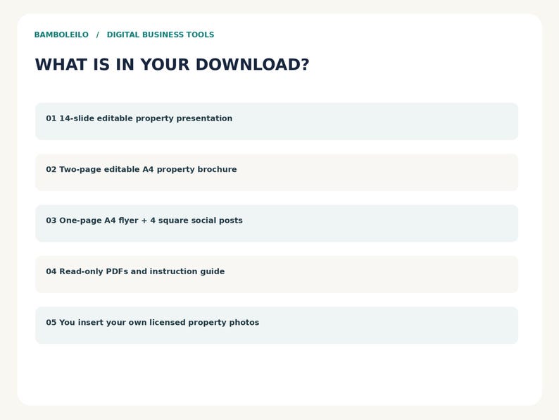 May include: A digital business tool list titled WHAT IS IN YOUR DOWNLOAD? featuring five items: 14-slide editable property presentation, two-page editable A4 property brochure, one-page A4 flyer with four square social posts, read-only PDFs, and instruction guide.
