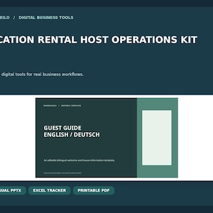 May include: A digital vacation rental host operations kit featuring a dark teal background with white text reading VACATION RENTAL HOST OPERATIONS KIT. It includes a guest guide template in English and German, plus PPTX, Excel, and PDF tools.