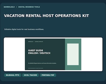 Może przedstawiać: Cyfrowy zestaw operacyjny do wynajmu wakacyjnego na ciemnym, morskim tle z białym napisem VACATION RENTAL HOST OPERATIONS KIT. Zawiera szablon przewodnika dla gości w języku angielskim i niemieckim oraz narzędzia PPTX, Excel i PDF.