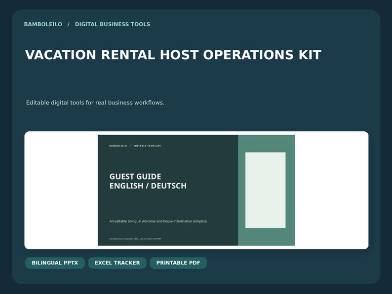 May include: A digital vacation rental host operations kit featuring a dark teal background with white text reading VACATION RENTAL HOST OPERATIONS KIT. It includes a guest guide template in English and German, plus PPTX, Excel, and PDF tools.