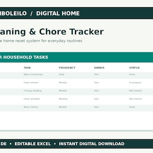 May include: A digital cleaning and chore tracker spreadsheet titled BAMBOLEILO / DIGITAL HOME. The table includes columns for area, task, frequency, owner, and status, with rows detailing household chores like wiping countertops and washing clothes.