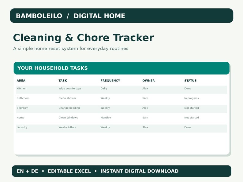 May include: A digital cleaning and chore tracker spreadsheet titled BAMBOLEILO / DIGITAL HOME. The table includes columns for area, task, frequency, owner, and status, with rows detailing household chores like wiping countertops and washing clothes.