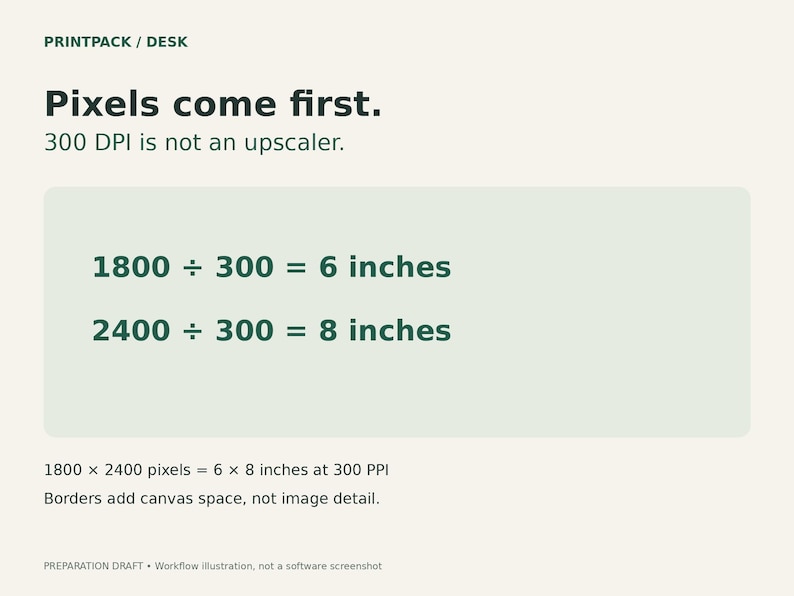 May include: An informational graphic titled PRINTPACK / DESK with the text Pixels come first. 300 DPI is not an upscaler. It displays calculations: 1800 &divide; 300 = 6 inches and 2400 &divide; 300 = 8 inches, plus 1800 x 2400 pixels = 6 x 8 inches at 300 PPI.