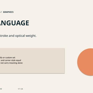 May include: A brand identity system page titled ICON LANGUAGE with a peach horizontal bar, dark text, and a bulleted list detailing icon style, stroke, and labels. A solid peach circle is positioned on the right side of the light background.