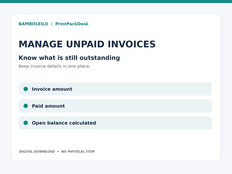 May include: A digital interface display titled MANAGE UNPAID INVOICES by BAMBOLEILO / PrintPackDesk. The text reads Know what is still outstanding, Keep invoice details in one place, Invoice amount, Paid amount, and Open balance calculated.